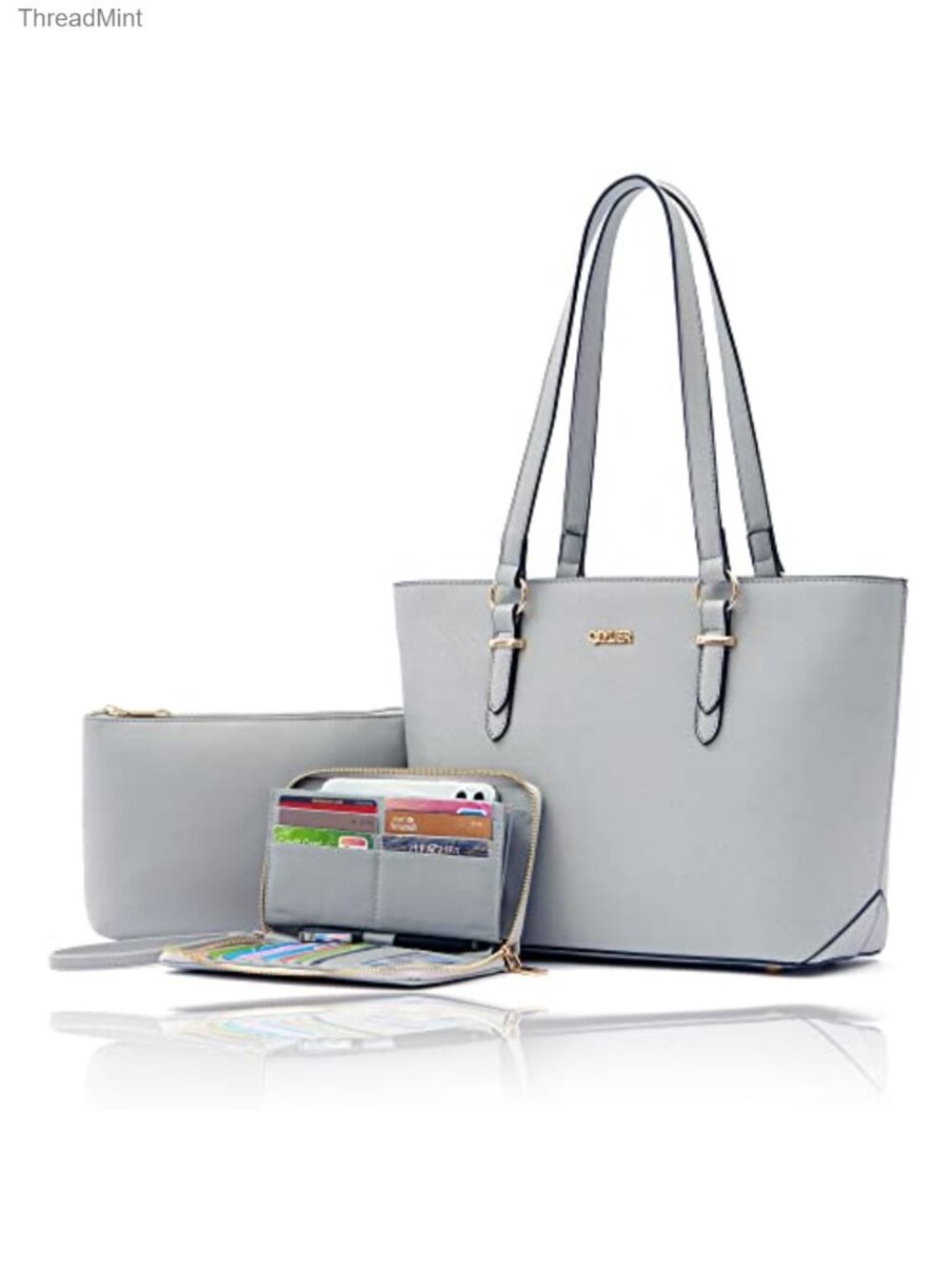 Faux Leather Tote Handbag Set with RFID Wallet & Cosmetic Bag